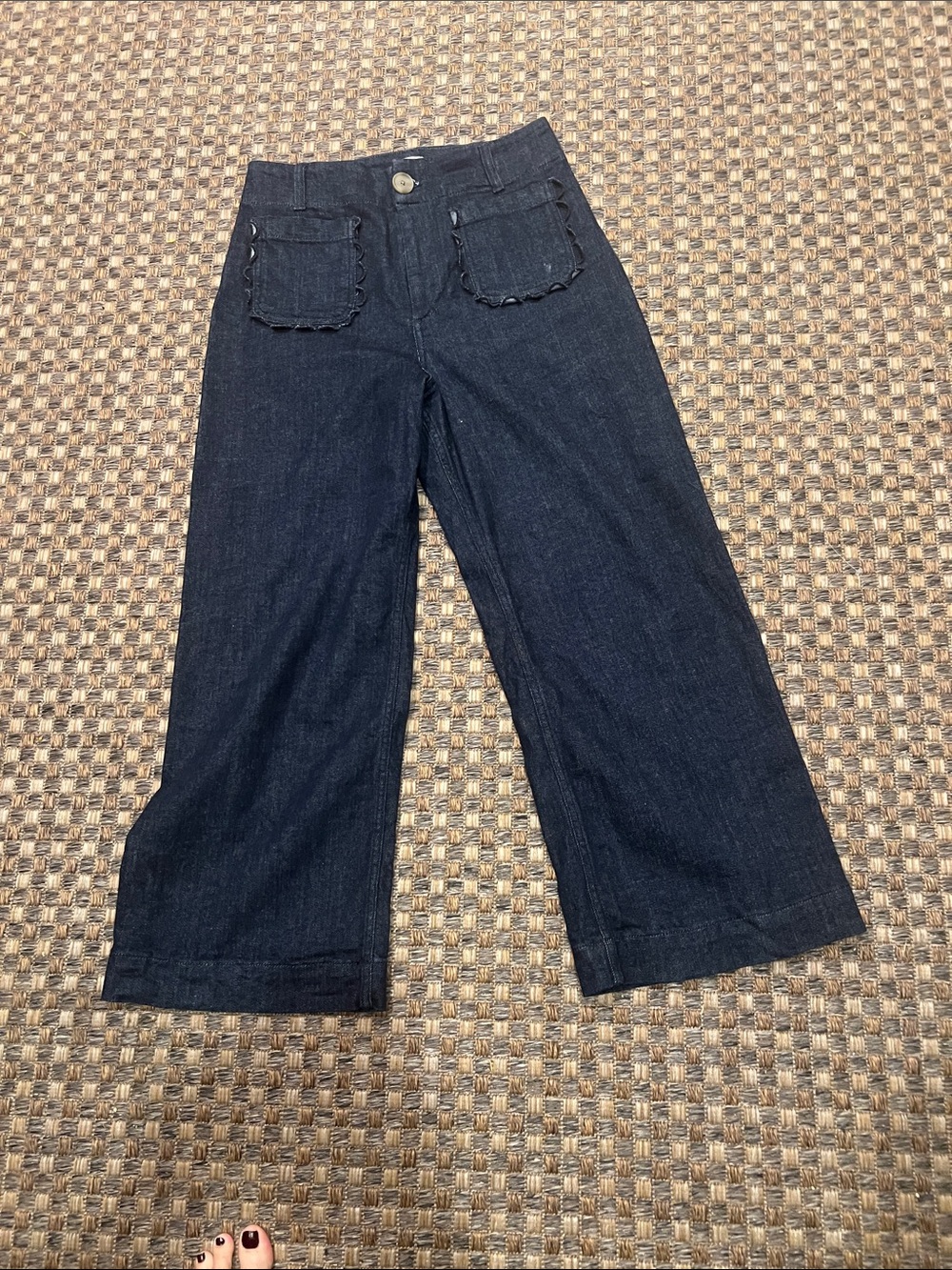 Maeve Dark Indigo Wide-Leg Jeans with Scalloped Patch Pockets 29 dark denim